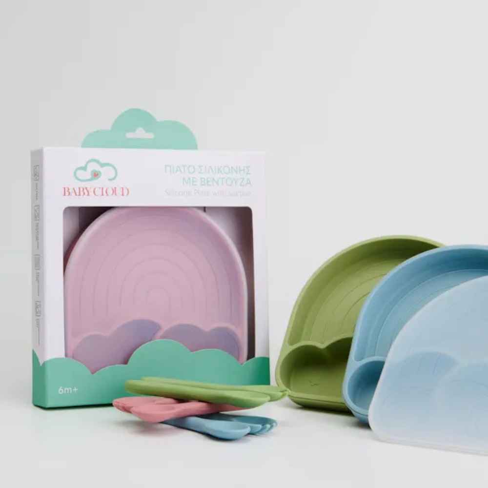 Baby Cloud Πιάτο Σιλικόνης Ουράνιο Τόξο Με Καπάκι – Γαλάζιο