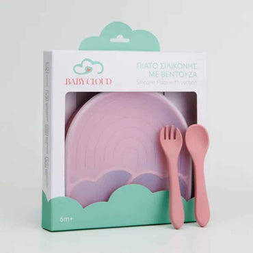 Baby Cloud Πιάτο Σιλικόνης Ουράνιο Τόξο Με Καπάκι – Ροζ